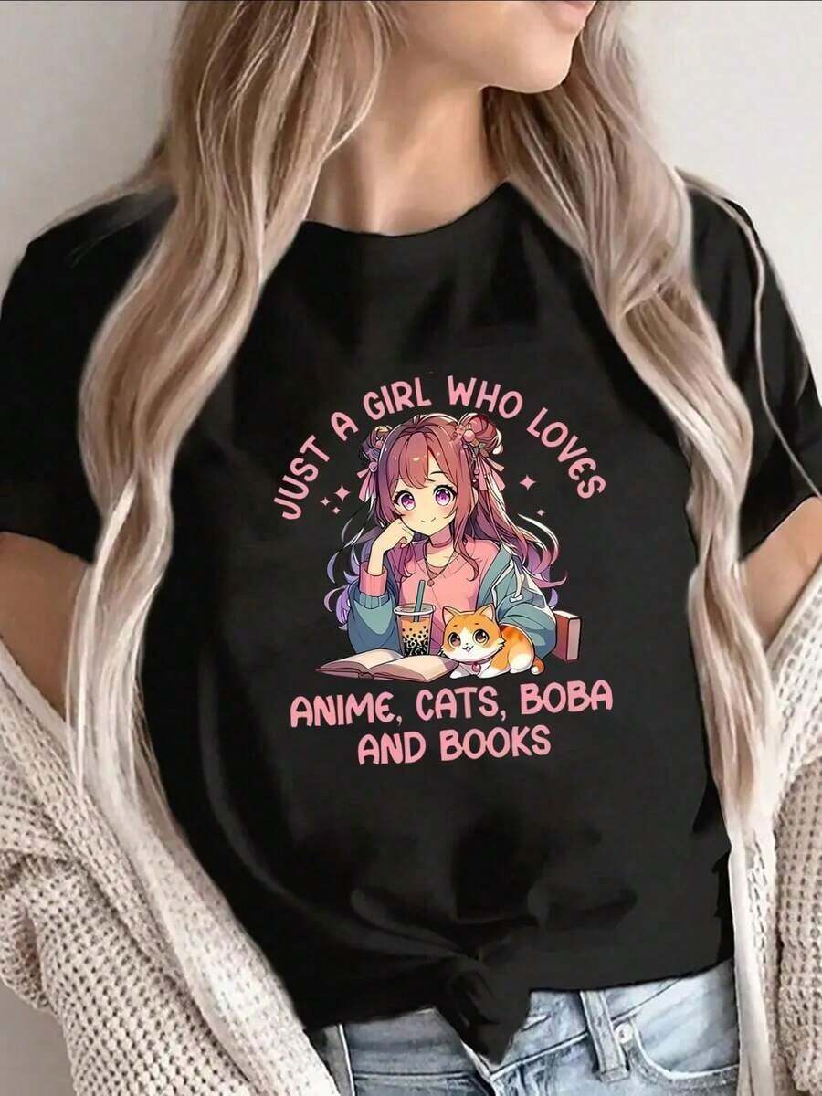 Camiseta negra de manga corta para amantes de anime, gatos, boba y libros. Diseño ligero y cómodo, perfecta para uso casual en casa o en una cafetería, con un estampado gráfico lindo. Regalo ideal para fans del anime y de la lectura. Adecuado como regalo. playera de mujer. blusas>elegantes. boho chic,Top de mujer suave, transpirable y cómodo, ideal para primavera, verano y otoño, perfecto para vacaciones, viajes y uso diario. - Negro - Ver 1