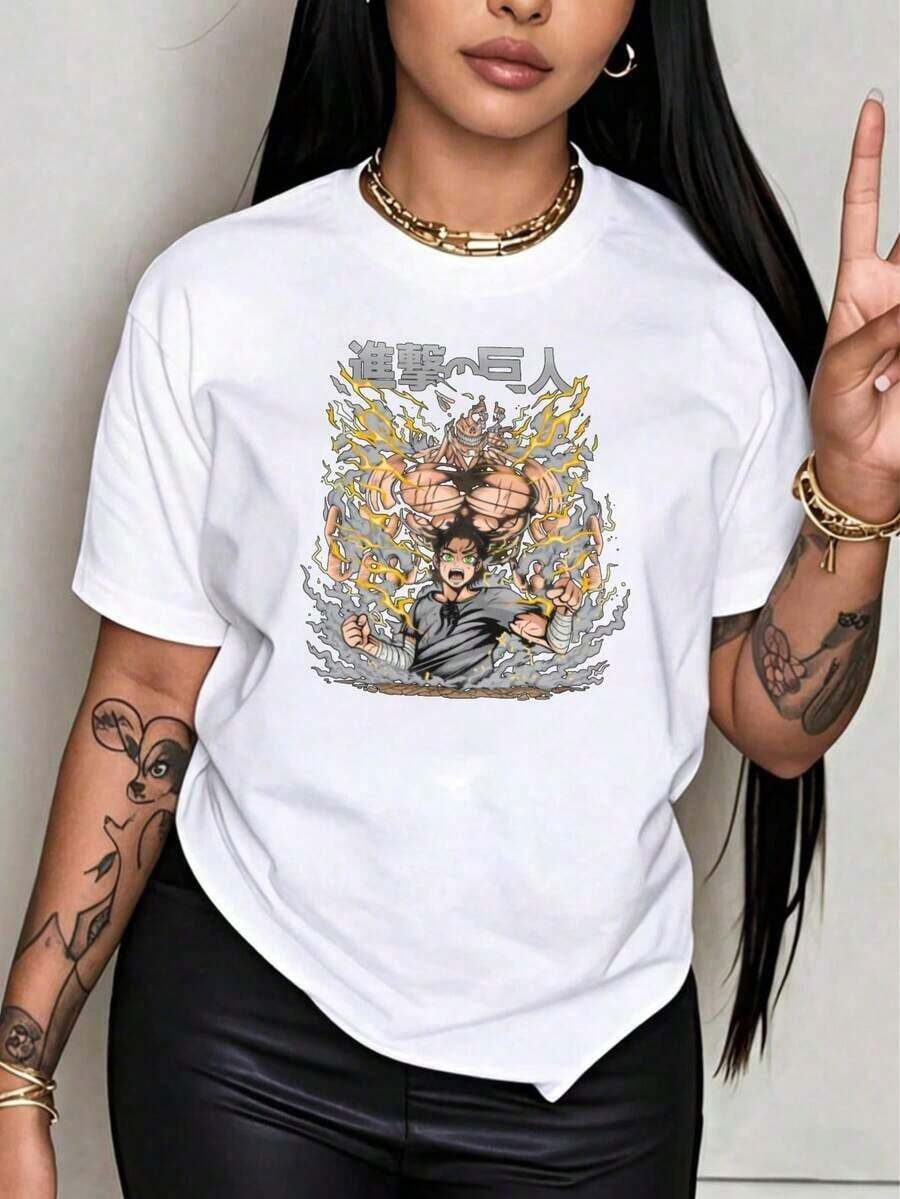 Round Neck With Fun Print. Anime T-Shirt With A Titan And Warrior Design For Fans Of The Series, Unisex, Suitable As A Holiday Gift. Women's T-Shirt. Elegant Blouses. Boho Chic. Soft, Breathable, And Comfortable Women's Top, Ideal For Spring, Summer, And Autumn, Perfect For Vacations, Travel, And Everyday Wear. - 白色 - 查看 1