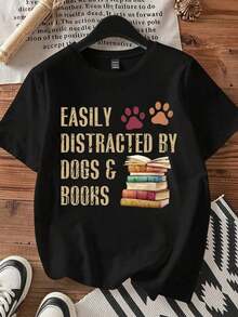 Casual T-Shirt With A Paw Print And A Stack Of Books, Ideal For Book Lovers And Dog Owners Who Are Easily Distracted By Both Dogs And Books, For Everyday Wear. Women's Casual Blouse - 黑色 - 查看 5