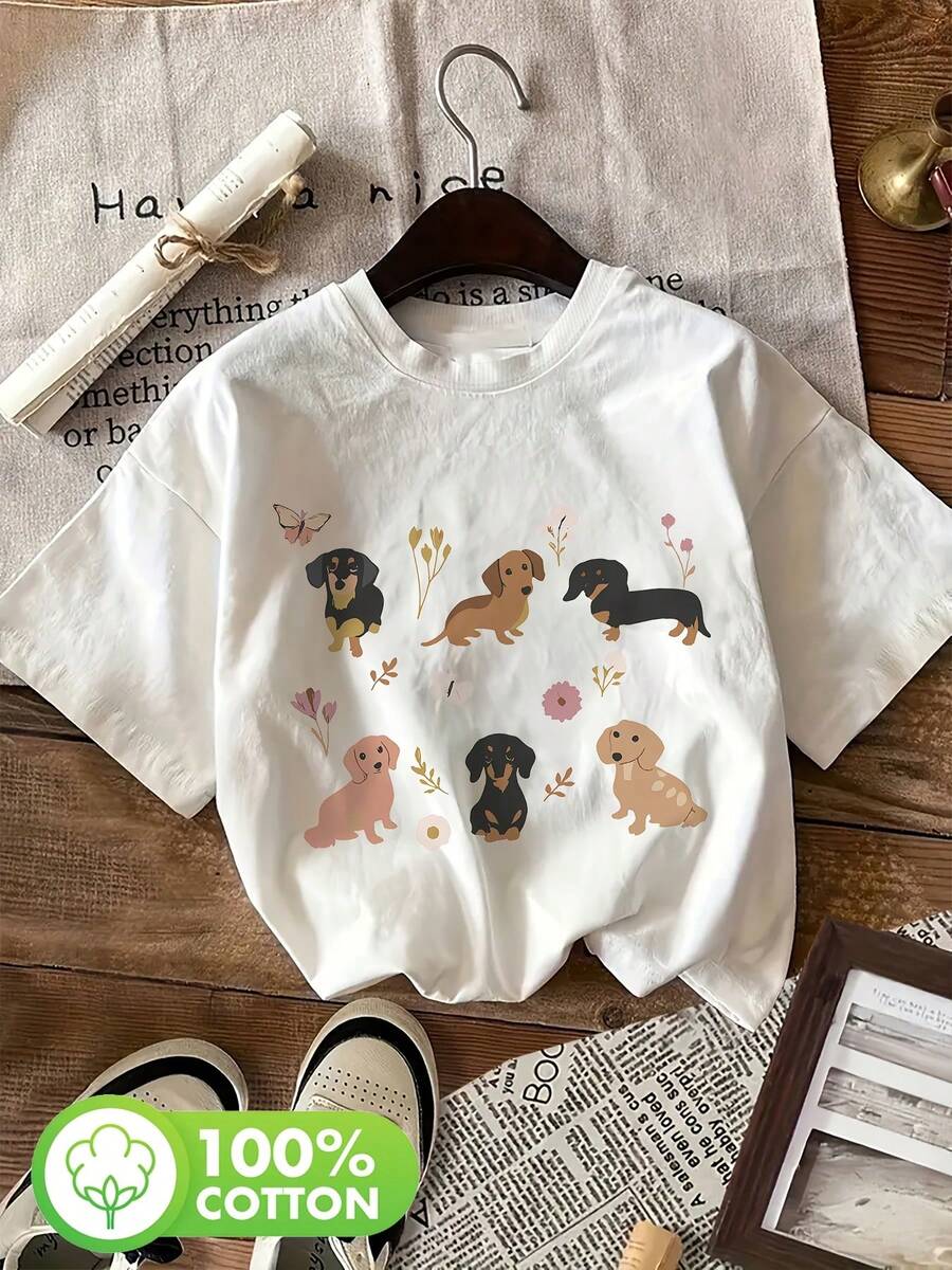 Women's Casual Summer Top With Cool Style, Dachshund And Floral Print, Round Neck, Short Sleeve T-Shirt [Ling K] Women's Winter Clothing - 白色 - 查看 1