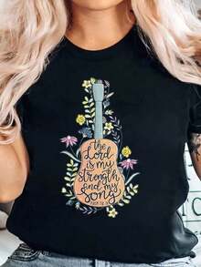 Women's T-Shirt With Floral Guitar Design, "The Lord Is My Strength And My Song," Psalm 118:14, Inspirational Christian Faith Quote, Casual Wear For Church, Music Lovers, Everyday Outfits - 黑色 - 查看 1