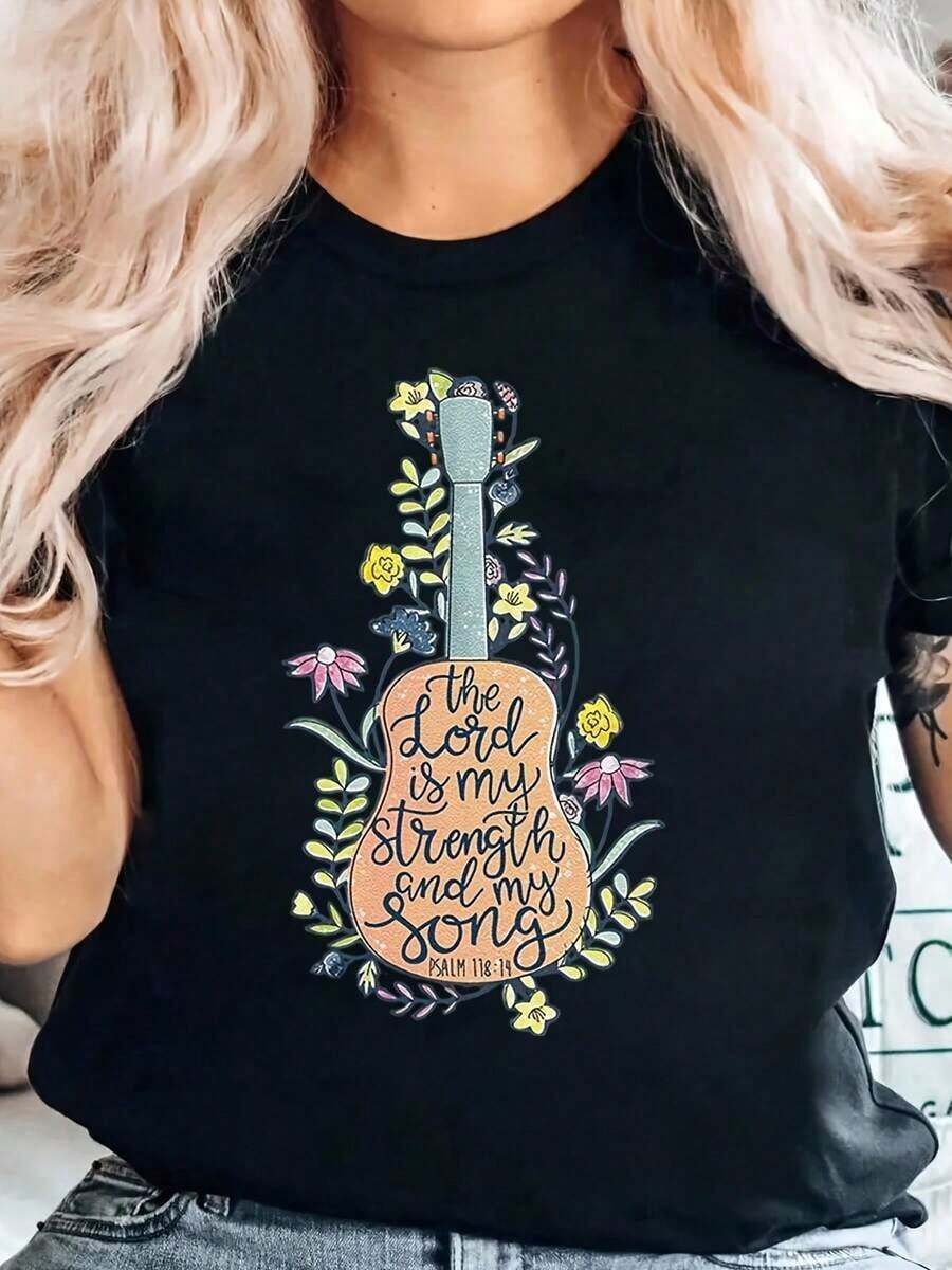 Women's T-Shirt With Floral Guitar Design, "The Lord Is My Strength And My Song," Psalm 118:14, Inspirational Christian Faith Quote, Casual Wear For Church, Music Lovers, Everyday Outfits - 黑色 - 查看 1