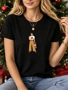 Camiseta Deportiva Casual para Mujer con Gráfico de Caricatura Colorido en Ambiente Navideño - Camiseta Negra Elástica de Cuello Redondo, Lavable aáquina, Ajuste Cómodo y Apta para Todas las Estaciones. - Negro - Ver 6
