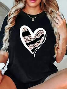 1 pieza talla grande - Camiseta elástica para mujer - Camiseta suave para uso diario con estampado de corazón de leopardo - Camiseta de cuello redondo no transparente, adecuada para uso casual - Prenda esencial para todas las estaciones, diseño moderno, ajuste cómodo, camiseta de manga corta, 100% algodón de 180g. - Negro - Ver 2