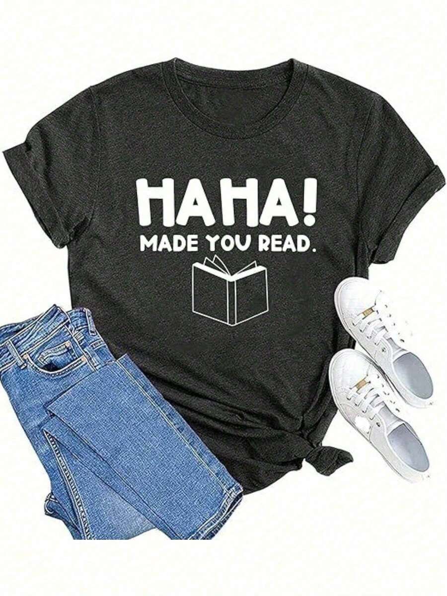 "See It In A Book" T-Shirt - Fun Gift For Book Lovers, Teachers, Reading T-Shirt With Letter Print And Rainbow Pattern - 黑色 - 查看 1