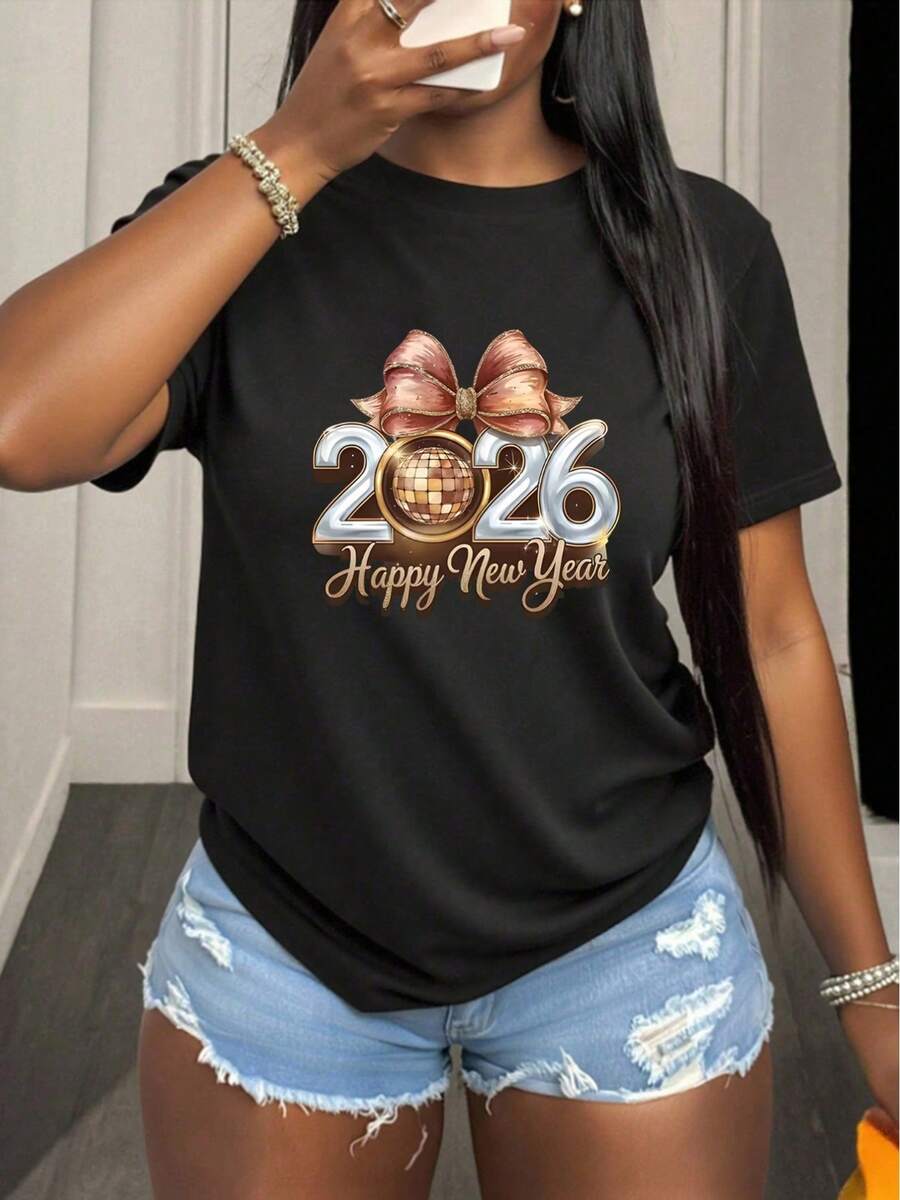 Stylish Women's Casual Crew Neck T-Shirt With A Happy New Year 2026 Design, Made From A Comfortable And Lightweight Fabric, Suitable For Home, Parties, Or Dinners. It's An Ideal Gift For Friends And Family, Showcasing A Modern Style For The Season. CVO4 - 黑色 - 查看 1