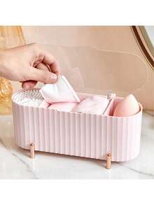 1pc Multi-Functional Makeup Sponge Holder Storage Box, Waterproof Dustproof Electroplated Bathroom Organizer Rack, Large Capacity Cosmetic Tool Storage Box With Lid - Multicolor - View 2