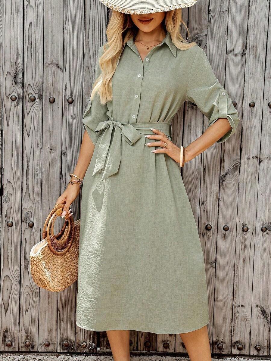 Vestido casual de mujer de unicolor con cinturón de longitud media - Verde - Ver 1