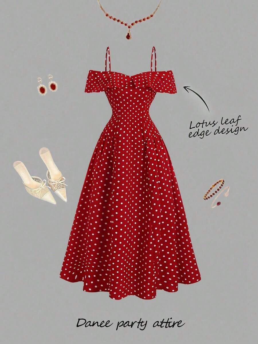 Vestido ajustado de un hombro con volantes y lunares vintage, elegante vestido de cóctel rojo para el Día de San Valentín, Navidad, versátil - Rojo - Ver 1