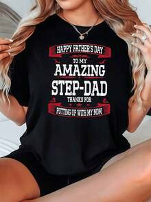 Camiseta Negra de Cuello Redondo 2026 con Estampado Gráfico Casual para Mujer: "Feliz Día del Padre para Mi Genelés, Gracias por Soportar a Mi Mamá". Blusas para Mujer Casual. - Negro - Ver 1