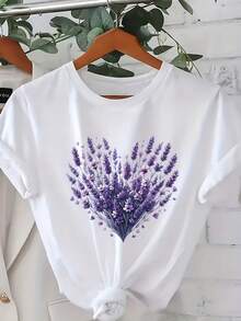 Talla Grande - Talla Grande - Camiseta Floral con Forma de Corazón de Talla Grande, Top Casual de Manga Corta con Cuello Redondo, Ropa de Mujer Lavable a Máquina para Primavera y Verano - Blanco - Ver 2