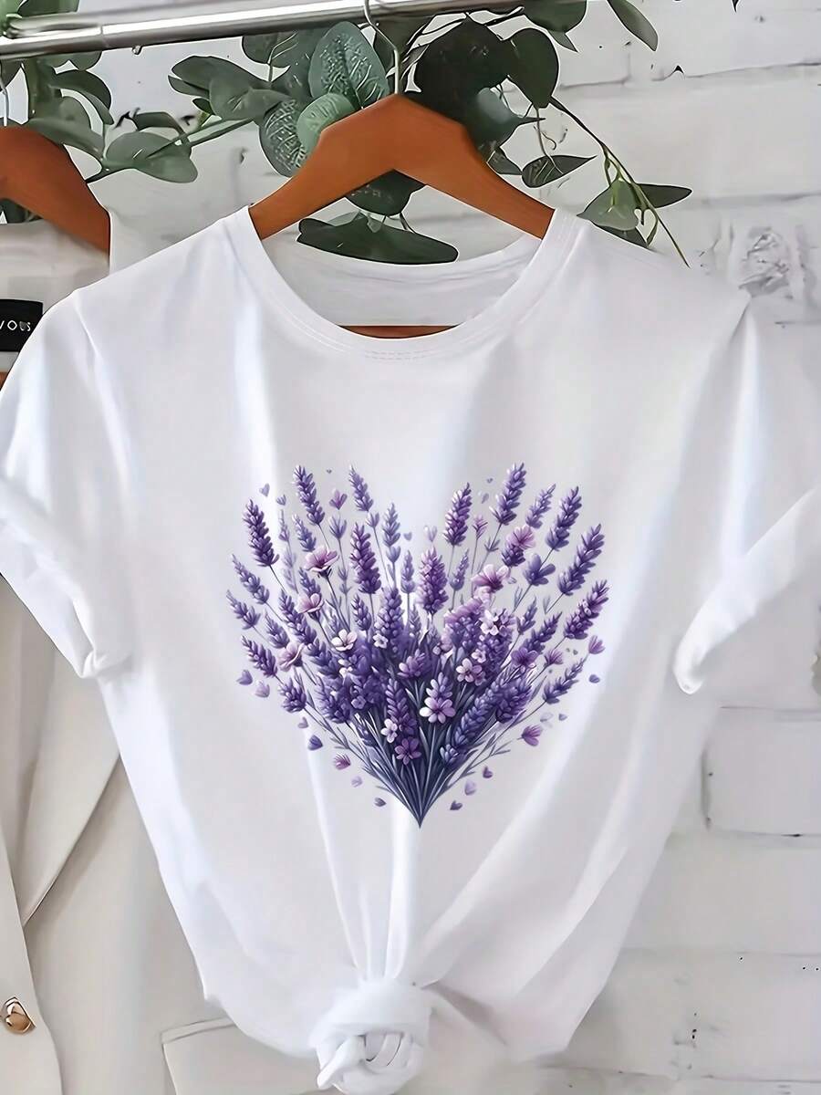 Talla Grande - Talla Grande - Camiseta Floral con Forma de Corazón de Talla Grande, Top Casual de Manga Corta con Cuello Redondo, Ropa de Mujer Lavable a Máquina para Primavera y Verano