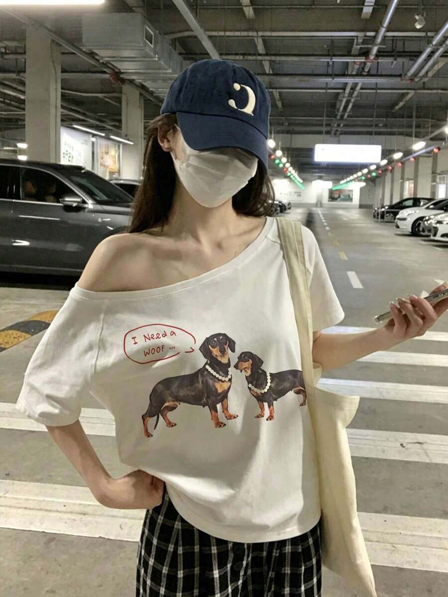 Y2K 韩版甜辣香肠狗印花露肩短袖T恤,女款,休闲宽松露脐上衣,适合学生,百搭夏季日常穿着,白色 - 白色 - 查看 1