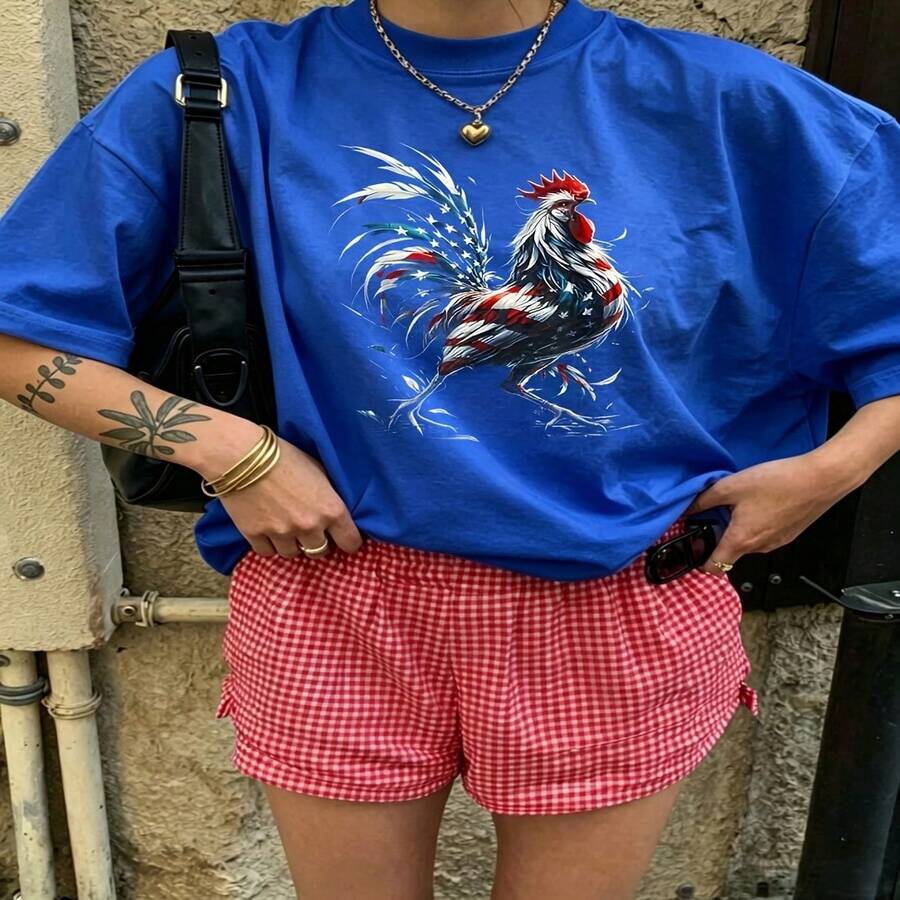 Heartfelt Daily Casual Graphic T-Shirt 100% Cotton Oversized Soft Breathable Casual Crewneck Short Sleeve Top Vintage Aesthetic Red Checkered Shorts Street Style Fashion Lovers Casual Wearers Daily Outfit Enthusiasts Gift Givers - 藍色 - 查看 1