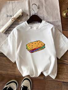 Limited Time Offer, Limited Quantities, Flash ! Women's Casual Shirts, Women's Polyester T-Shirts, Stylish Shirts. Short-Sleeve T-Shirt With A Crew Neck And  Cartoon Cookie Print. - 白色 - 查看 9