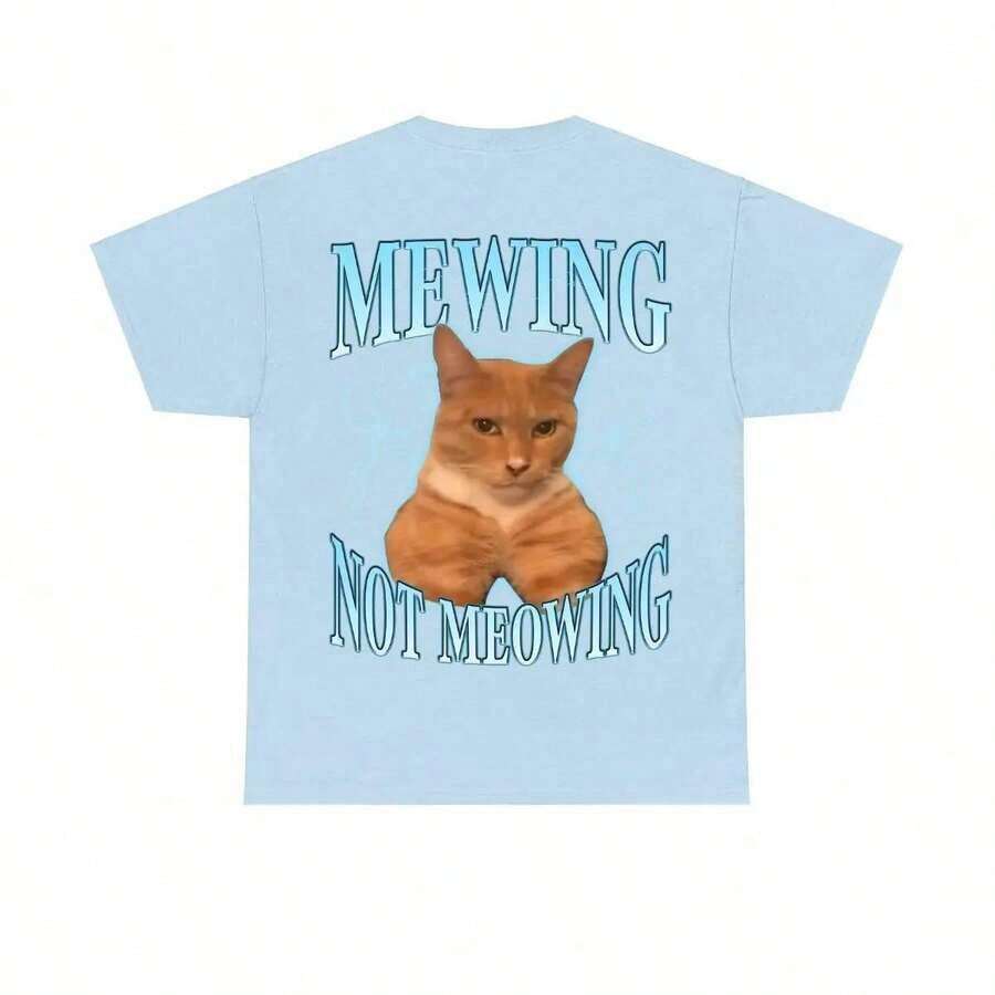 Summer 2026 T-Shirt With Funny Cat Meme - Mewing LooksMax, Meowing Cat Graphic T-Shirt, Unisex Cotton Garment For Men And Women, Urban Retro T-Shirt For Everyday Wear - 淺藍色 - 查看 1
