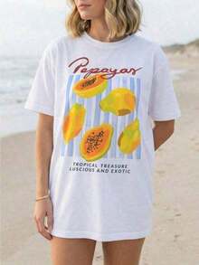Plus Size Papaya Graphic Print T-Shirt, Digital Heat Transfer Printed: Women's Tropical Fruit T-Shirt, 100% Cotton, Women's Graphic Tees, Y2K Graphic Print Short Sleeve T-Shirt For Women, Casual Streetwear Tops, Summer Short Sleeve Tops, Breathable And Comfortable. - 白色 - 查看 12