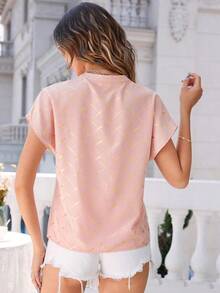 LUNE Blusa de mangas de murciélago con cuello en pico y estampado de rombos en dorado, tops de manga corta - Rosa vieja - Ver 2