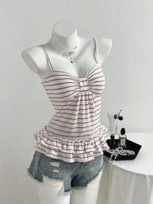 Camiseta ajustada con pliegues en el busto a rayas rosas para el verano - Rosa 2 - Ver 4