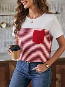 Camiseta de mujer de manga corta con bolsillo y rayas, informal - Rojo - Ver 4