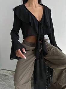 SQUALO Women's Casual Solid Color Ruffle Petal Sleeve Cropped Top, Suitable For Spring, Summer And Autumn Beach/Holiday Wear - Black - View 2