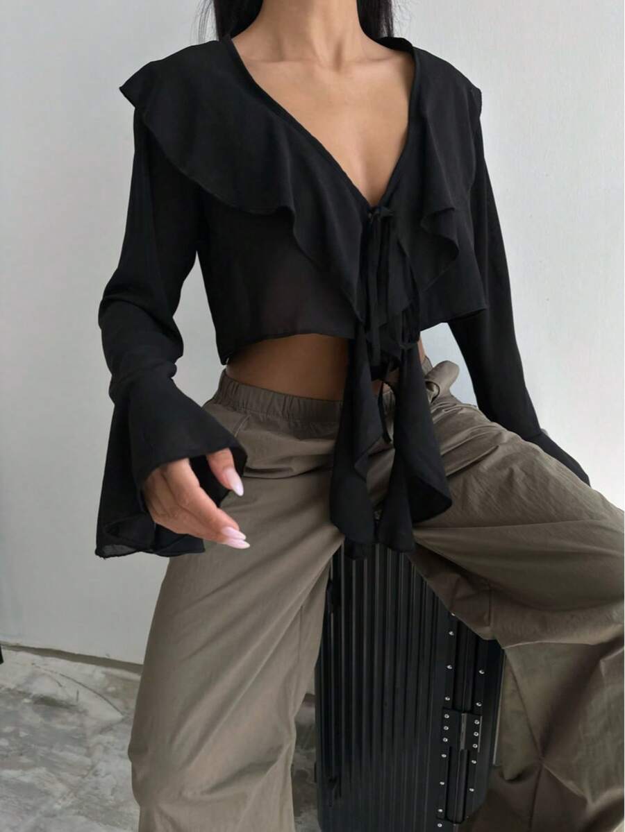 SQUALO Women's Casual Solid Color Ruffle Petal Sleeve Cropped Top, Suitable For Spring, Summer And Autumn Beach/Holiday Wear