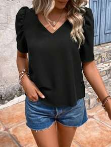 Blusa casual de cuello en V con mangas abullonadas - Negro - Ver 3