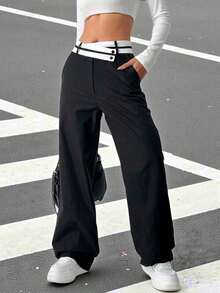 Pantalones rectos casuales para mujeres con bolsillos y cintura asimétrica en bloque de color - Blanco y Negro - Ver 4