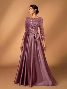 y lujoso vestido de manga larga transparente con bordado de encaje floral, con perlas y lazo con diamantes, con vuelo.Adecuado para boda, fiesta, vacaciones, baile de graduación, vestido de noche para novia, madre de la novia - Rosa vieja - Ver 4