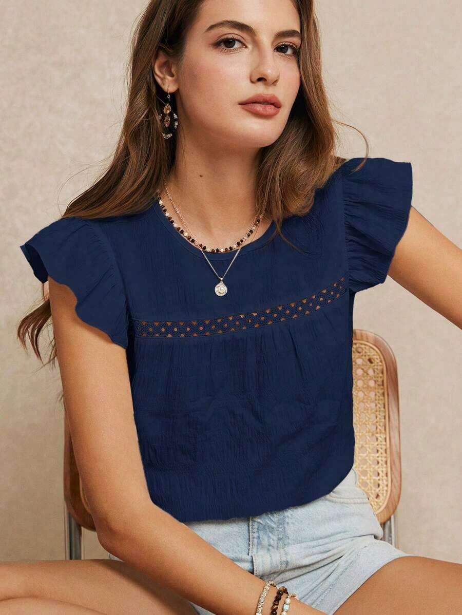 Temporada de vacaciones de verano y de bodas, excelente blusa de unicolor con ribete de volantes, verano, top lindo, elegante y romántico, estilo bohemio chic, estilo casual, esencial, verano, temporada de bodas - Azul marino - Ver 1