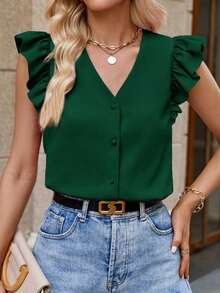 Clasi Blusa blanca elegante y casual con cuello en V, mangas con volantes, falso bordado y estampado floral, adecuada para primavera/verano - Verde Oscuro - Ver 5