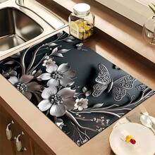 1pc Floral Pattern Absorbent Dish Drying Mat, Drip Mat For Espresso Machine, Sink Drain Mat, Faucet Pad, Bathroom Cup Mat, Kitchen & Bathroom Accessories - Multicolor - View 5