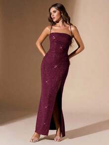 Vestido maxi de fiesta sin espalda y sin mangas con abertura alta, ajustado al Body - Burdeos - Ver 6
