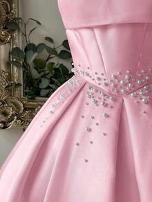 Vestido elegante, lujoso y noble de estilo palaciego con hombros abiertos, escote corazón sin tirantes, silueta de sirena, decoración de perlas falsas y bajo acampanado, adecuado para despedida de soltera, boda, graduación, vacaciones y fiesta de - Rosa - Ver 3