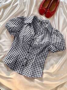 Camisa casual de mujer de manga abullonada corta, de solapa única y a cuadros - Negro - Ver 8