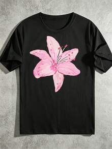 1 Piece Of Women's Plus Size Loose Fit T-Shirt, 100% Cotton, With Dropped Shoulders, Printed With Watercolor Pink Lily Designs, Perfect For Summer Beach, Vacation, Etc. - 黑色 - 查看 4
