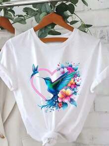 1 Pc Graphic Print Shirt, Short Sleeve Crew Neck Casual Summer And Spring Clothing For Women 1 Glitter Heart Sweet Sexy Casual Party Elegant Rhinestone None Holiday Wedding Beach Office Sporty Home Country Music Concert Lunch Travel Bachelorette Summer 210g 100% Cotton, The Patterns Are All Printed. Unisex. - 白色的 - 查看 2