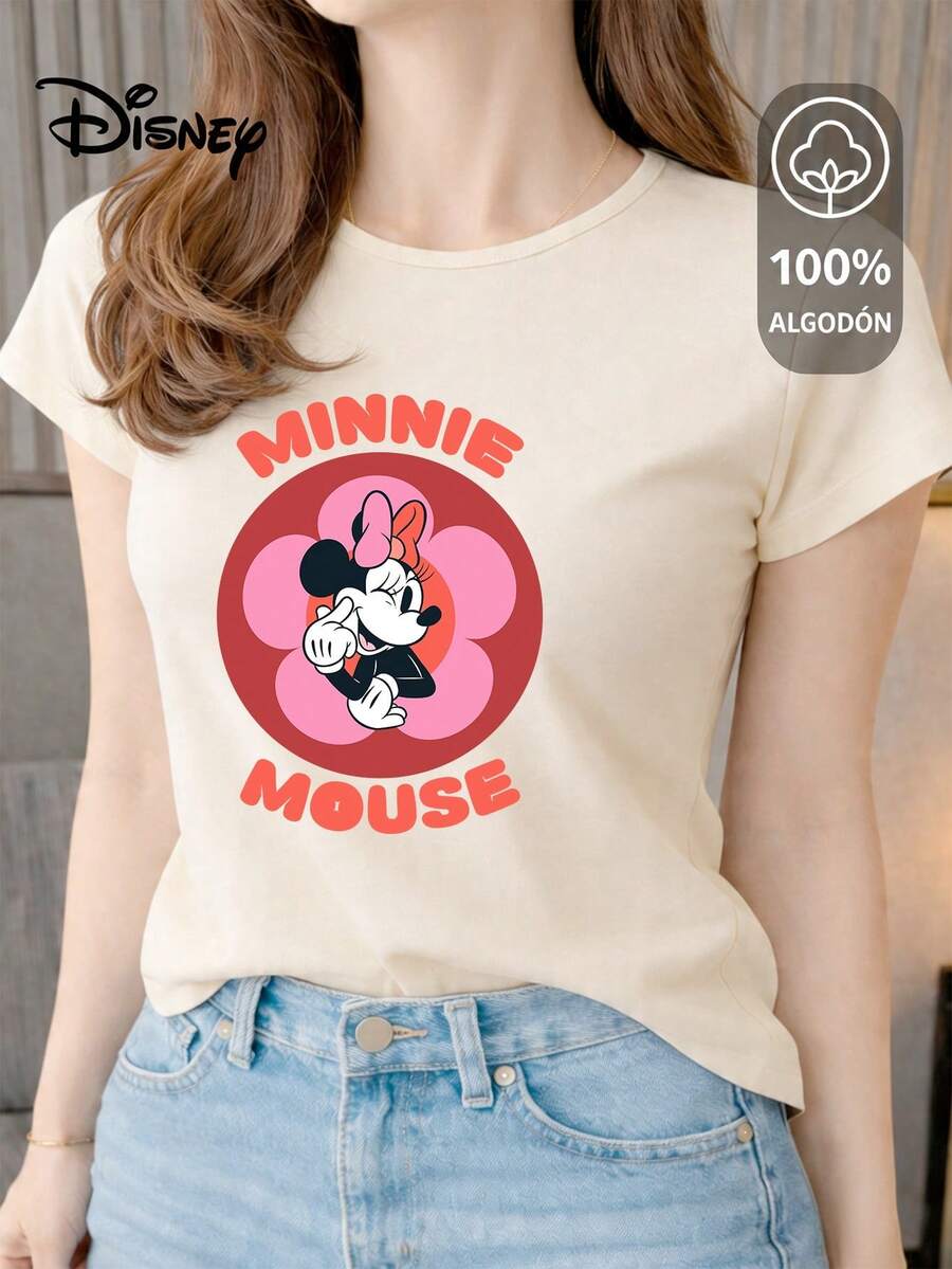 Women's T-Shirt Made Of 100% High-Quality Cotton. This T-Shirt Guarantees Exceptional Softness To The Touch, With A Round Neck, "Disney Minnie Mouse Flower" Print, And Short Sleeves. - 米色 - 查看 1
