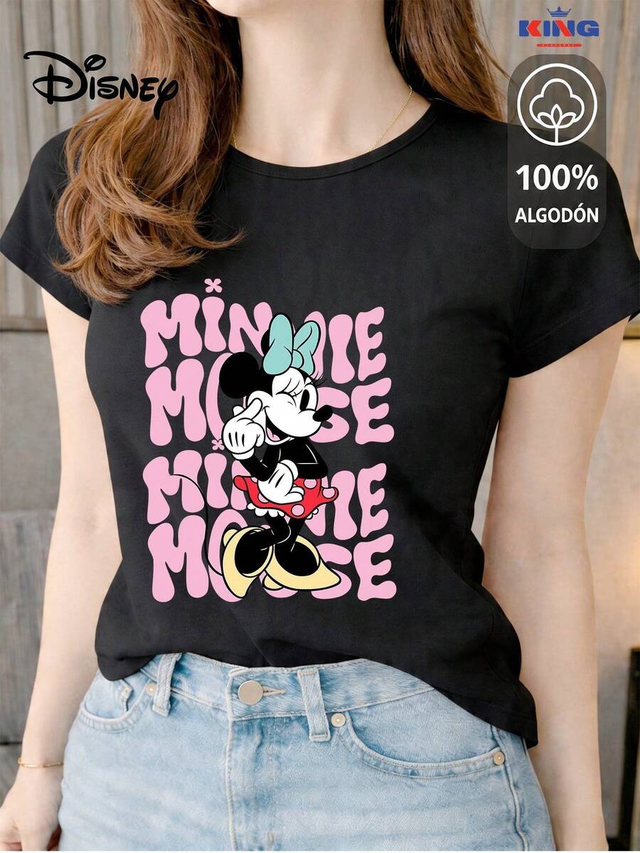Women's T-Shirt Made Of 100% High-Quality Cotton. This T-Shirt Guarantees Exceptional Softness To The Touch, A Round Neck With A "Disney Minnie Mouse Retro Typography" Print, And Short Sleeves. - 黑色 - 查看 1