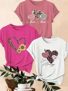 Set Of 3 Plus Size T-Shirts With Leopard Print, Heart And Graphic Slogan, For Summer, National Shipping, Women's Blouses > Long Sleeve - 白色 - 查看 7