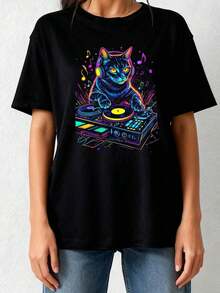 Men's Pure Cotton T-Shirt With Cat Graphic Design, DJ Techno EDM Rave Style, For Cat Lovers - Black 1 - View 4