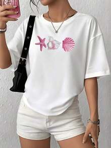 100% Cotton. Pink Seashells And A Starfish Evoke The Calm Of The Ocean And The Freedom Of Summer On This Soft And Comfortable 100% Cotton Women's T-Shirt. Women's Simple Solid Color T-Shirt, Loose And Slim Fit Casual Short Sleeve - 白色的 - 查看 12