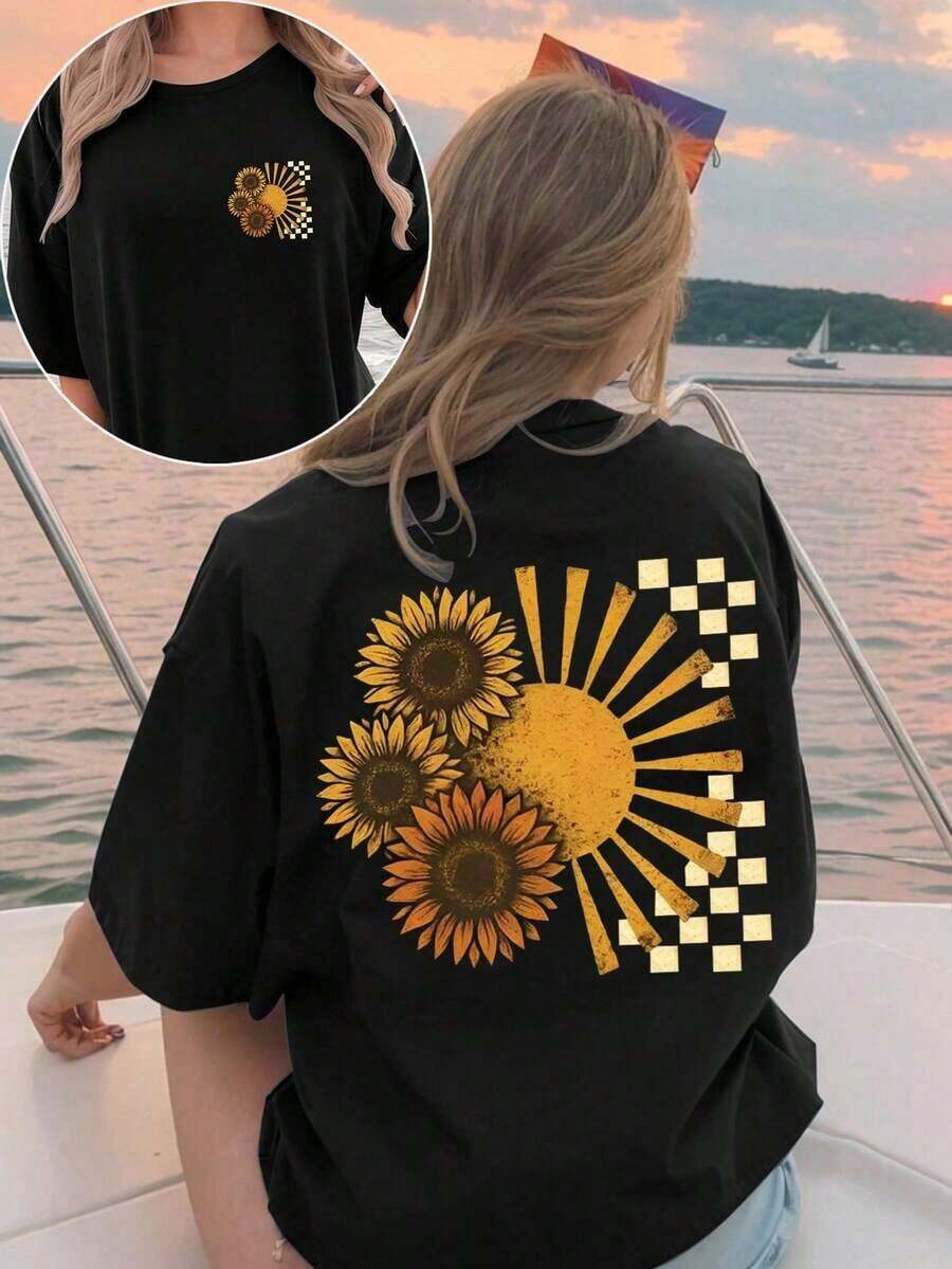 Women's Clothing DrmWander Plus Vacation,Spring,Resort Wear Women,Spring Graphic Tees Women Crop Summer T-Shirt Summer Graphic Tees Graphic Tees Sunflower Shirt Women's Shirts - 黑色 - 查看 1