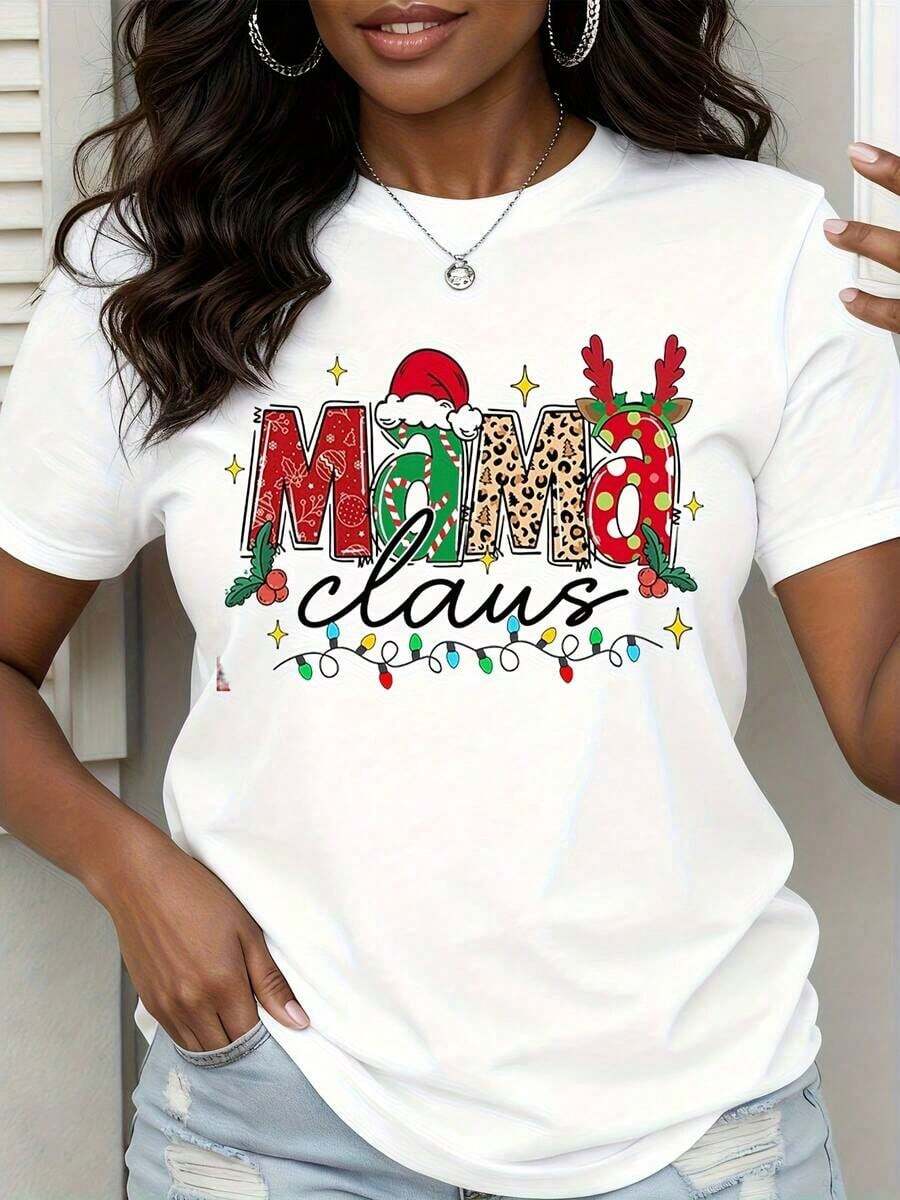 Women's Mrs. Claus Christmas T-Shirt, Festive T-Shirt With Santa Hat And Reindeer Design, Christmas Lights Print, Vintage Casual Style, Unisex, Cotton, Short Sleeve, Round Neck, 100% Cotton - 白色 - 查看 1