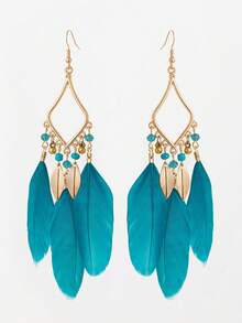 1 paire de boucles d'oreilles pendantes géométriques à plumes, polyvalentes et élégantes pour un port quotidien pour femmes - Classique - Voir 2