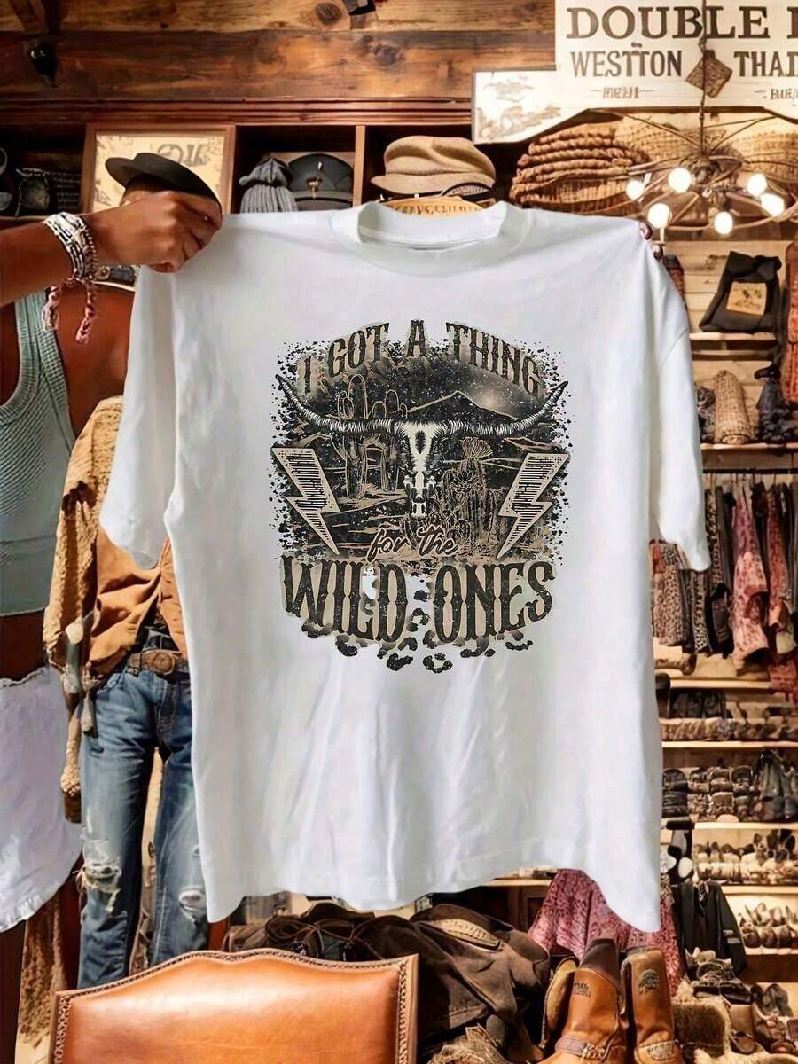Women's T-Shirts, Western Print T-Shirt, Desert Country Music T-Shirt, Cowboy T-Shirt, Monogram Print T-Shirt, Casual Short Sleeve Crew Neck T-Shirts For Summer And Spring, Women's Blouses - 白色 - 查看 1
