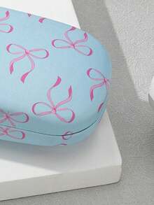 1 pieza Estuche de gafas con estampado de lazo, caja de almacenamiento dura y resistente a la presión, portátil y a prueba de arañazos - Azul claro con lazo rosa - 848 - Ver 3