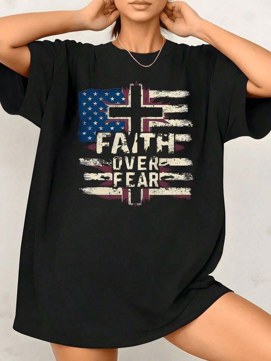 Women's T-Shirt With "Faith Over Fear" Graphic Print, American Christian Flag, 100% Cotton, Crew Neck, Casual And Relaxed Fit, 1 Piece. Excellent Gifts For Friends And Family. Basic Style. - 黑色 - 查看 1