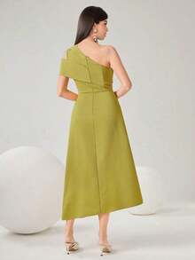 Vestido de noche largo de una sola manga con textura para damas - Amarillo - Ver 4