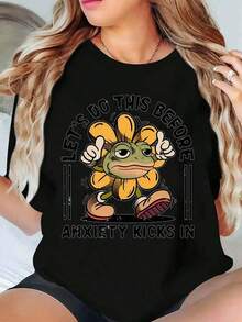 Breathable Motivational T-Shirt With Frog And Flower Design "Let's Do It Before Anxiety Appears" For Women And Men, Casual Graphic Design T-Shirt With Funny Phrase And Cartoon Drawings, Perfect For Everyday Wear And Gift Ideas, Women's Cotton T-Shirts, Premium Women's - 黑色 - 查看 2